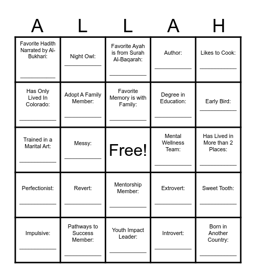 MYPI: ALL ABOUT ME BINGO Card