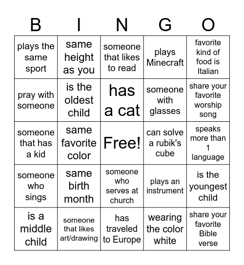 FBCC Youth Bingo! Bingo Card