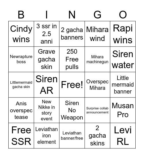 Nikke 2.5 Anni Live StreaM Bingo Card