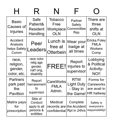 HR INFO-Injuries, WC, Harrassment, & Compliance Bingo Card