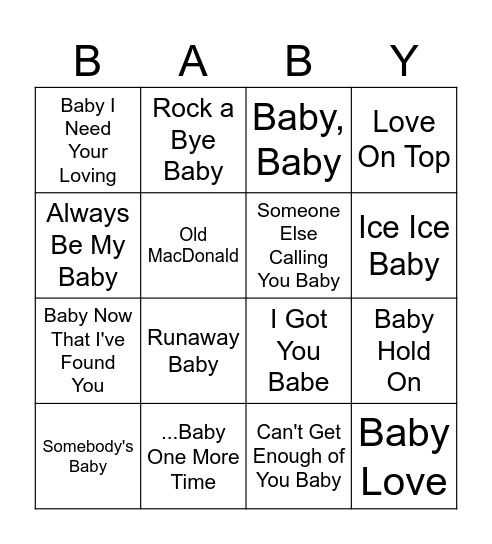Oh "Baby" Singo Bingo Card