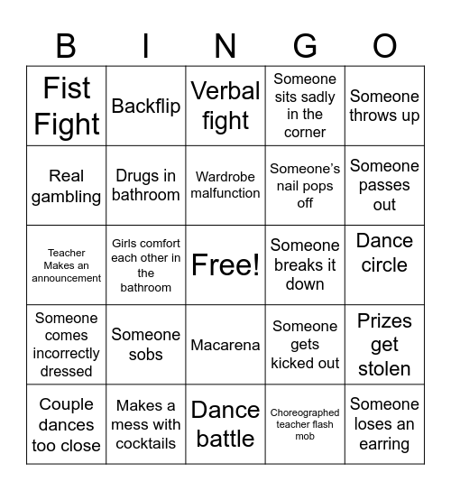 Prom Bingo Card