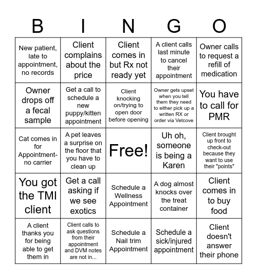 Veterinary Receptionist Bingo Card