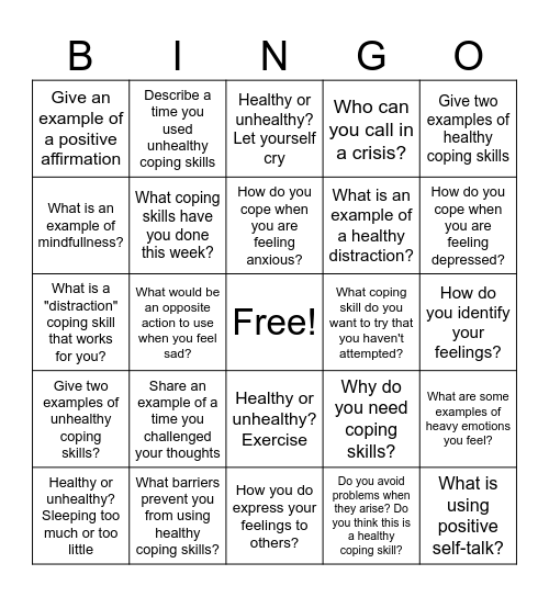 Coping Skills Bingo Card