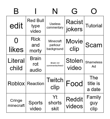 YouTube shorts Bingo Card