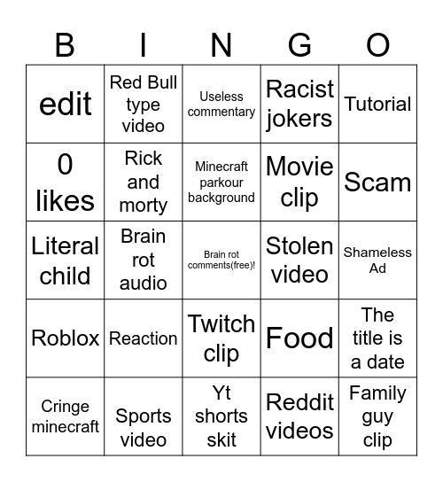 YouTube shorts Bingo Card