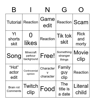 YouTube shorts Bingo Card