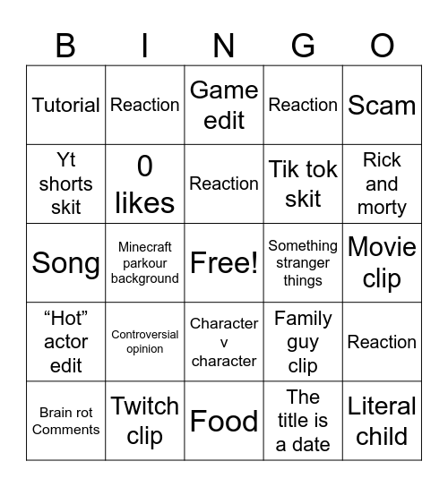 YouTube shorts Bingo Card