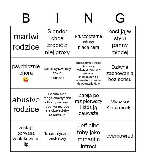Creepypasta yn /oc (polish wattpad) Bingo Card
