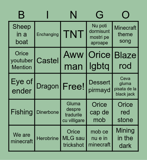 Minecraft movie Bingo Card
