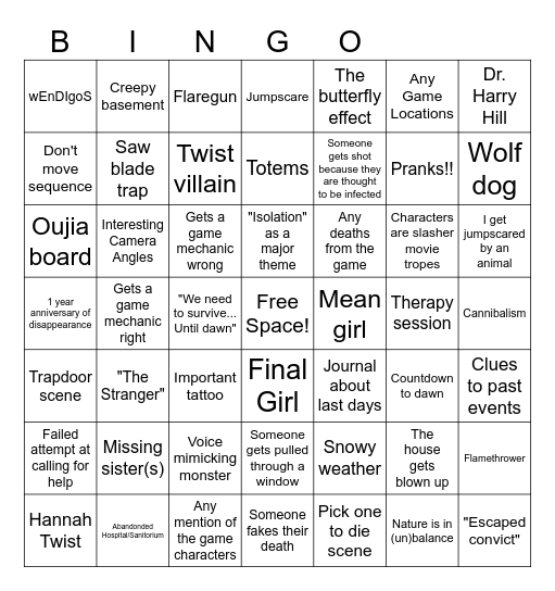 Until Dawn Movie Bingo Card Bingo Card