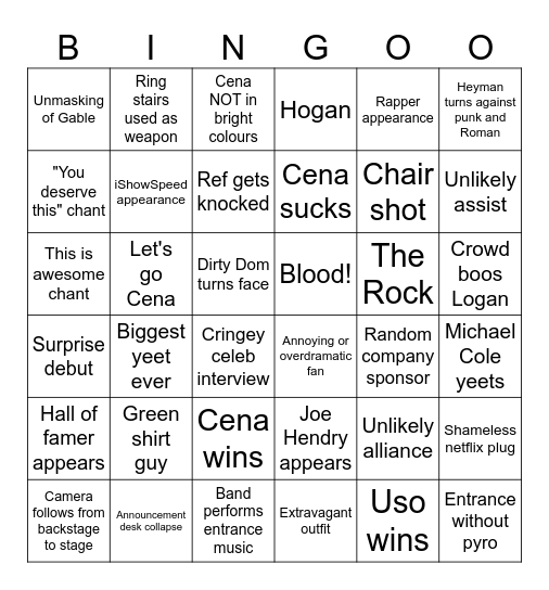Wrestlemania 2025 Bingo Card