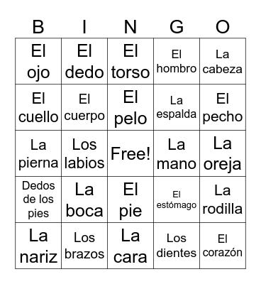 Partes del cuerpo Bingo Card