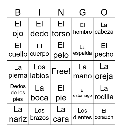 Partes del cuerpo Bingo Card