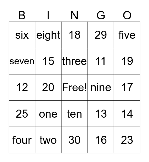 Numbers to 30 Bingo Card