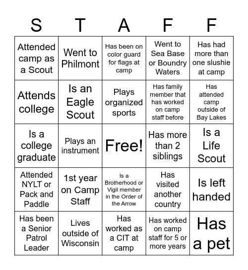 Bay Lakes Council Camps Bingo Card
