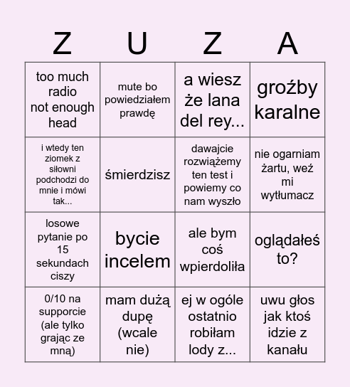 Zuzia Bingo Card