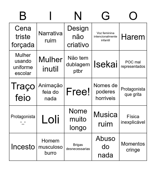 Bingo anime Bingo Card