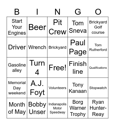 Indy 500 Bingo Card