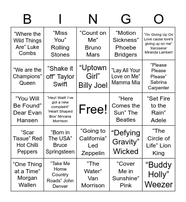 American Music Bingo Card