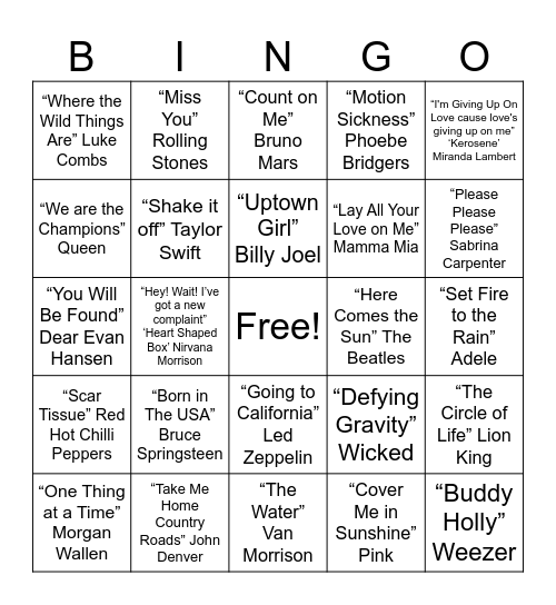 American Music Bingo Card