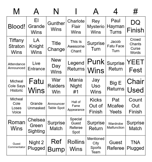 Wrestlemania Night 1 Bingo Card