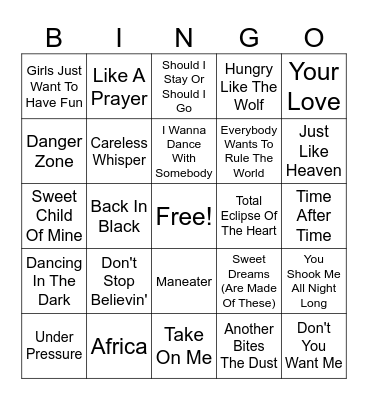 BOB Bingo 80's Bingo Card