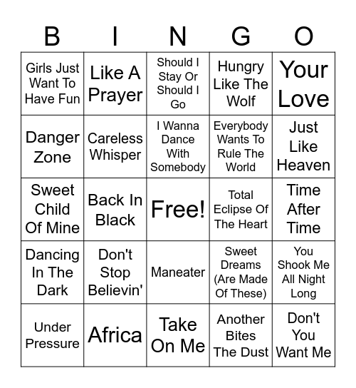 BOB Bingo 80's Bingo Card