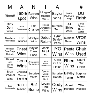Wrestlemania Night 1 Bingo Card