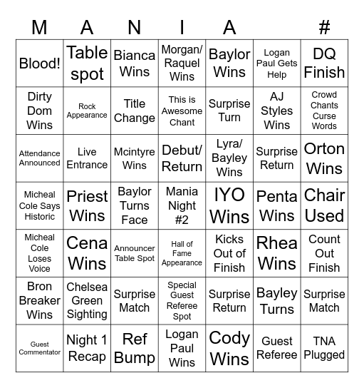 Wrestlemania Night 1 Bingo Card