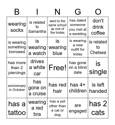 Bridal Bingo Card