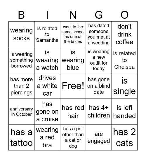 Bridal Bingo Card