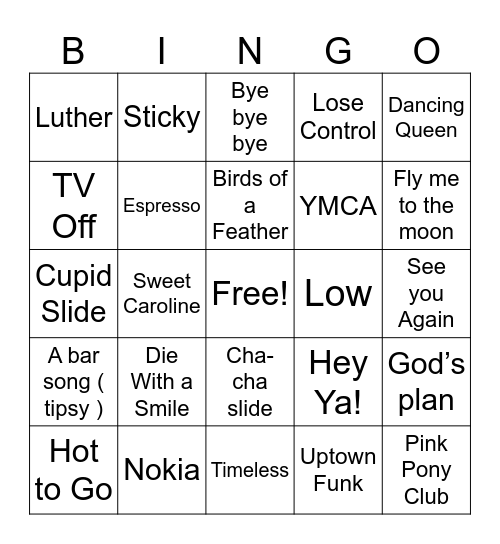 Prom Songs Bingo Card
