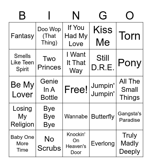 BOB Bingo 90's Bingo Card
