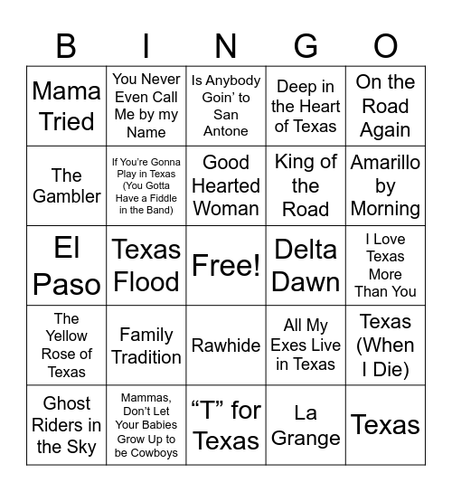 Texas & Outlaw Country Bingo Card