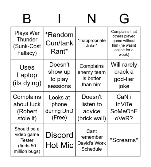 Camron's (Funky) Quirks Bingo Card