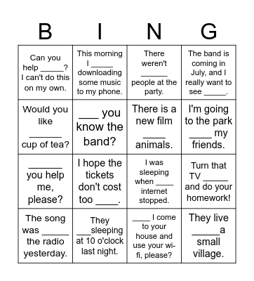 KET Reading Part 5 Bingo Card