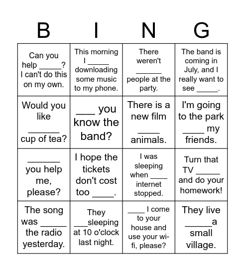 KET Reading Part 5 Bingo Card