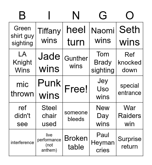 Wrestle Mania Night 1 Bingo Card