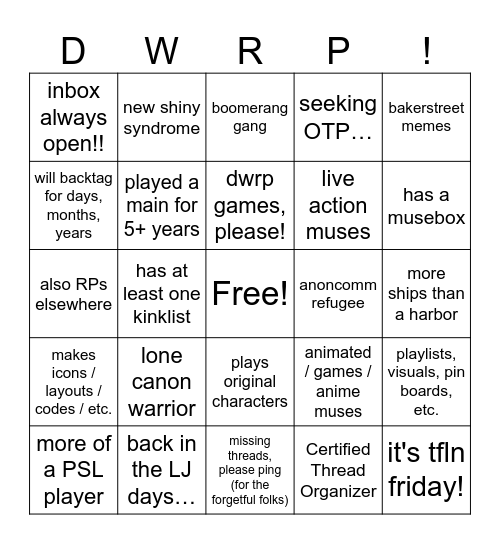 Dreamwidth RP Bingo Card