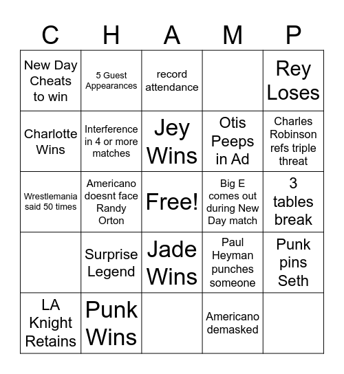 Night One Wrestlemania Bingo Card