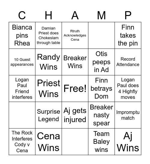 Night Two Wrestlemania Bingo Card