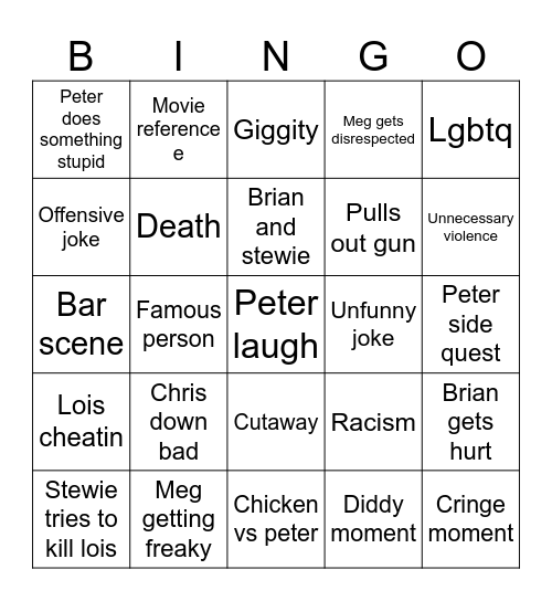 Family Guy Bingo Card