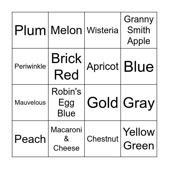 Crayon Colors 4x4 Bingo Card