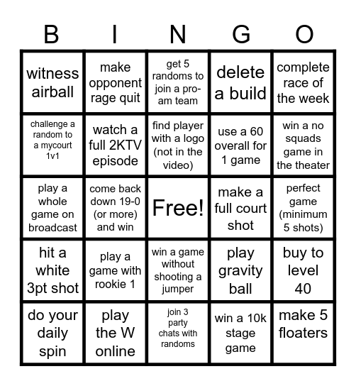 NBA 2K Bingo Card