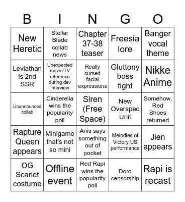 Nikke 2.5 Anniversary Bingo Card
