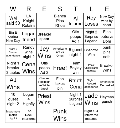 Wrestlemania Super Bingo Card