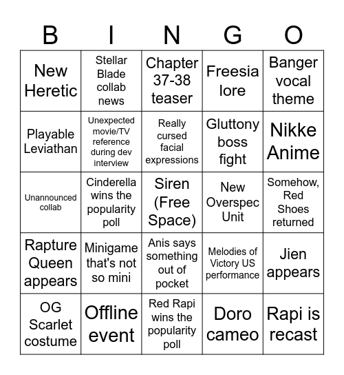 Nikke 2.5 Anniversary Bingo Card