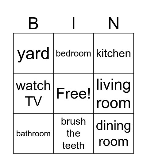 Rooms and actions Bingo Card