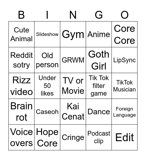 TikTok Bingo Card